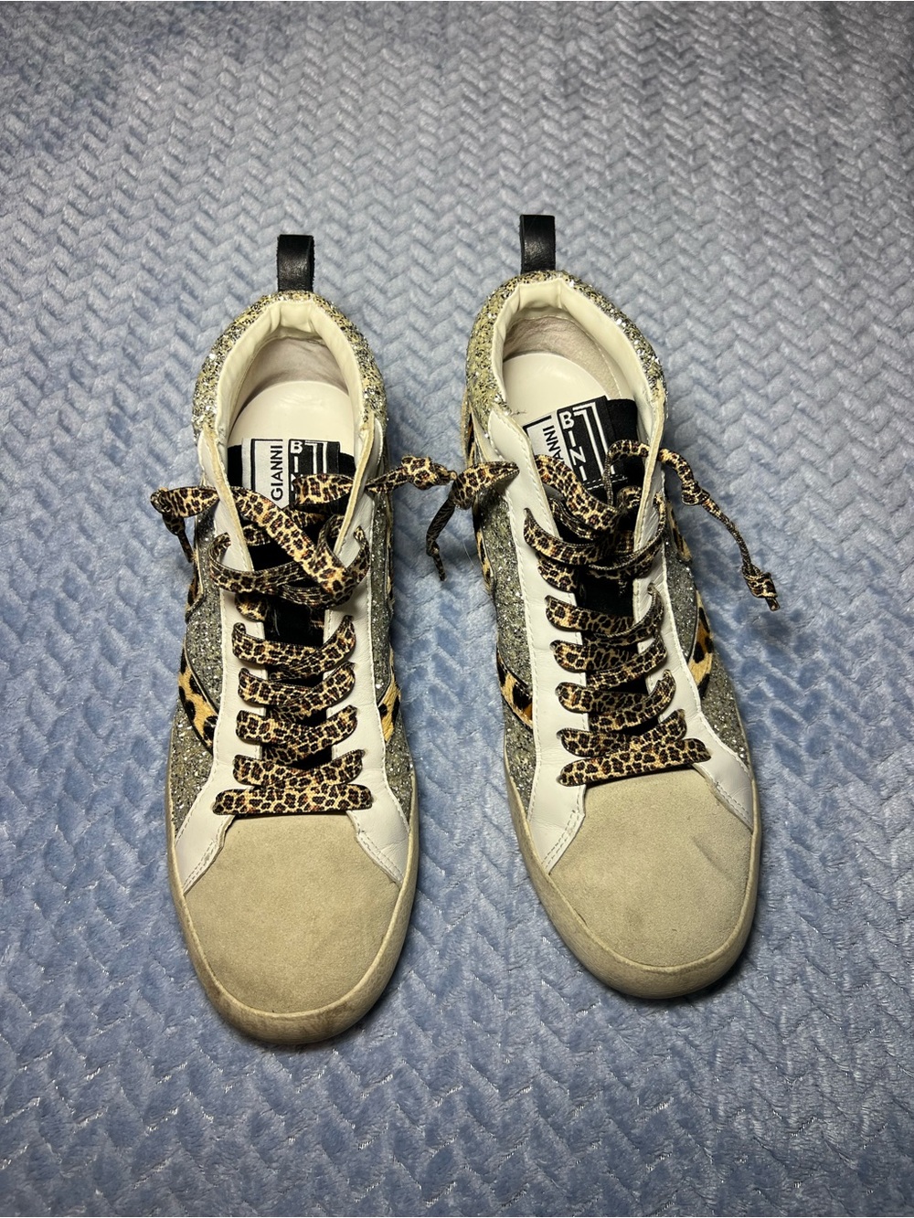 Gianni Bini Silver Glitter & Leopard-Accent High Top Sneakers